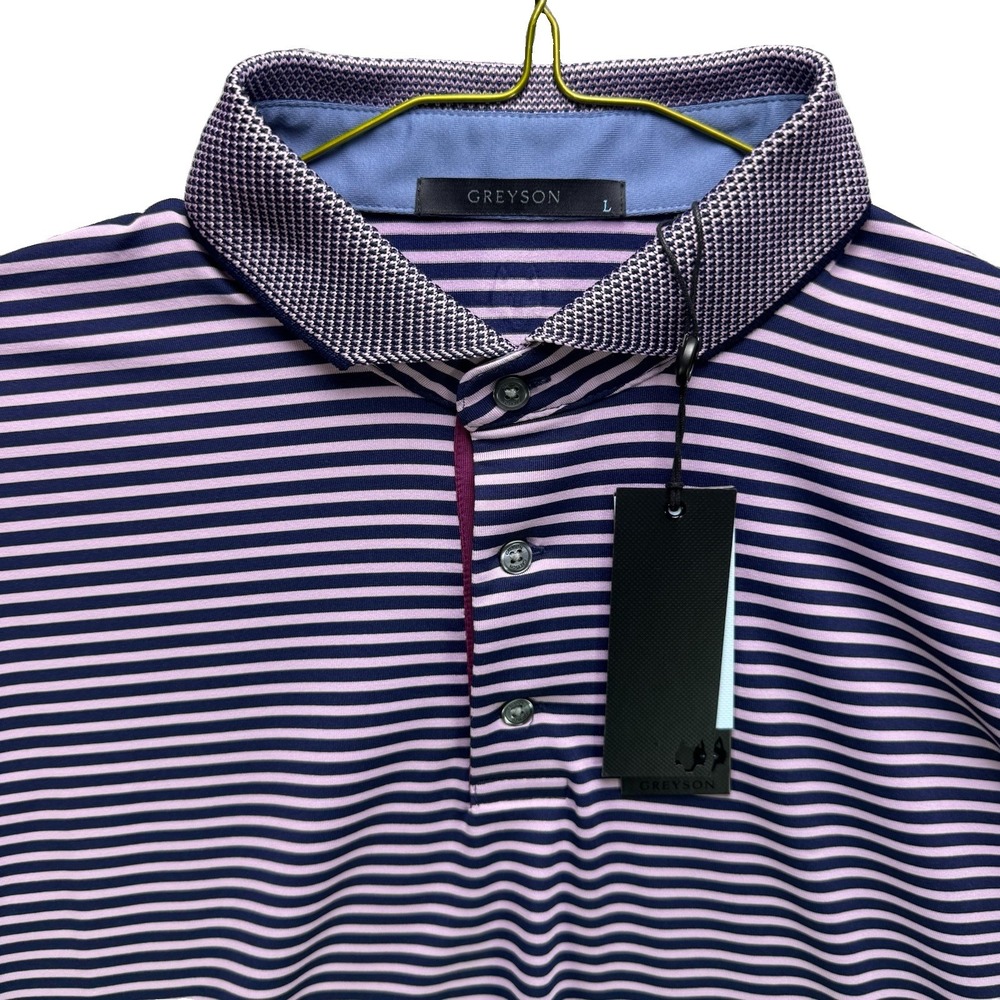 Greyson Polo Shirt Mens Large Blue Purple Striped Gannett Golf Short Sleeve NWT